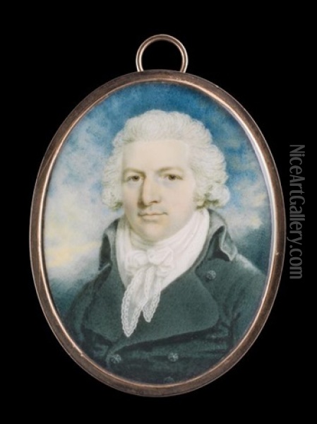 Portrait Miniature Of A Young Gentleman, In A Green Coat With Green Covered Buttons, White Waistcoat And Lace Cravat, Powdered Hair Oil Painting - Peter Paillou