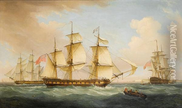 A Frigate In Two Positions Calling For A Pilotin The Downs Oil Painting - Thomas Whitcombe