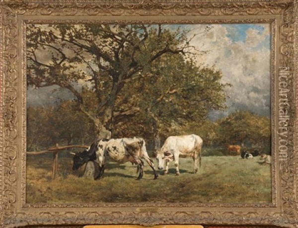 Vaches Au Pre Oil Painting - Alfred Jacques Verwee