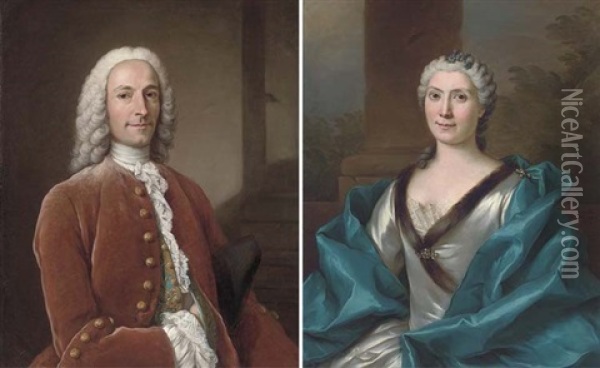Portrait Of A Gentleman, Half-length, In A Red Velvet Coat And Embroidered Waistcoat (+ Portrait Of A Lady, Half-length, In A Mink Trimmed White Silk Dress And Blue Silk Mantle, 1747; Pair) Oil Painting - Donat Nonotte