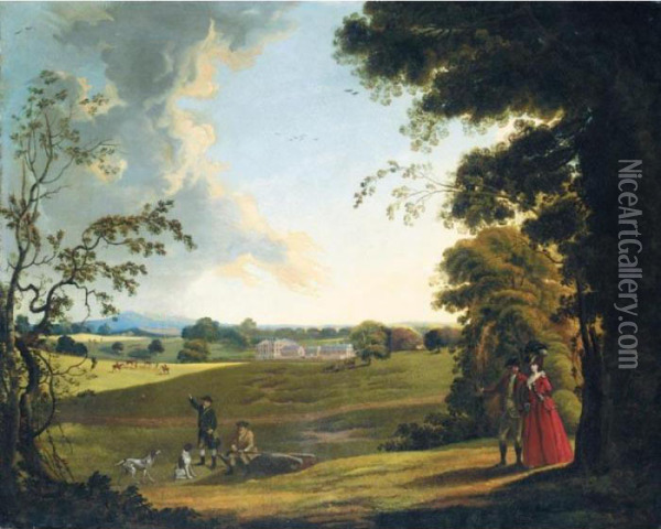A View Of A Country Estate, 
Traditionally Identified As Waldershare Park, Kent, With An Elegant 
Couple Walking In The Foreground Oil Painting - Paul Sandby