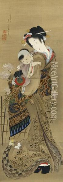 Mother And Child With Chrysanthemums Oil Painting - Hotei Gosei