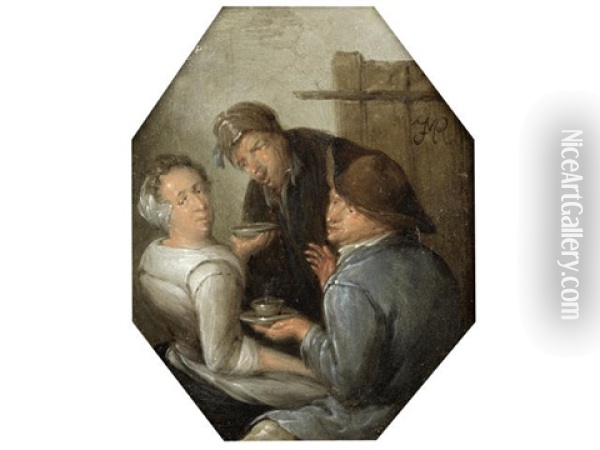 Peasants Pouring Drinks In An Interior; And Peasants Eating And Drinking In An Interior (pair) Oil Painting - Jan Miense Molenaer