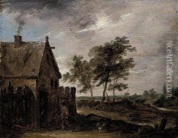 A Landscape With Peasants Gathering Faggots Outside A Cottage Oil Painting - David The Younger Teniers