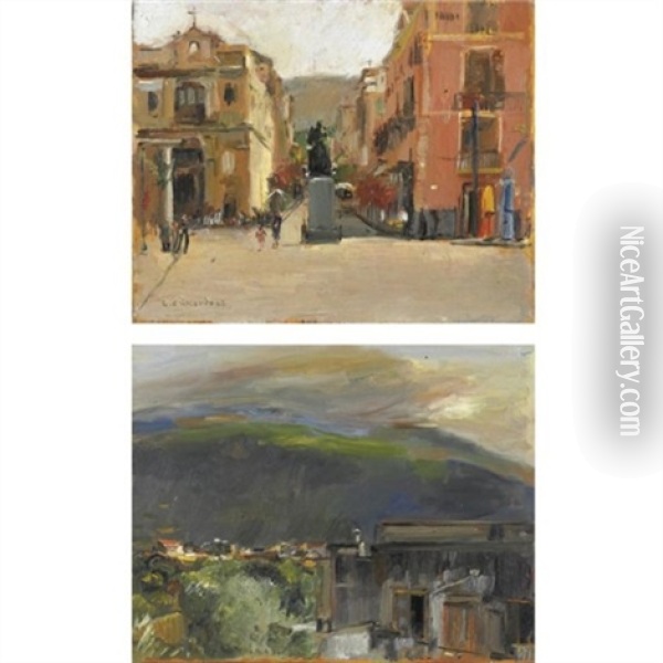 Piazza Di Sorrento (+ Meta Di Sorrento; Pair) Oil Painting - Luigi Crisconio