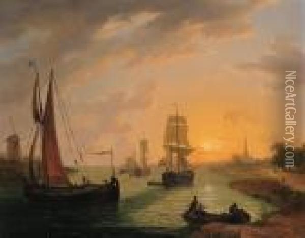 Shipping On A River At Sunset Oil Painting - Frans Swagers