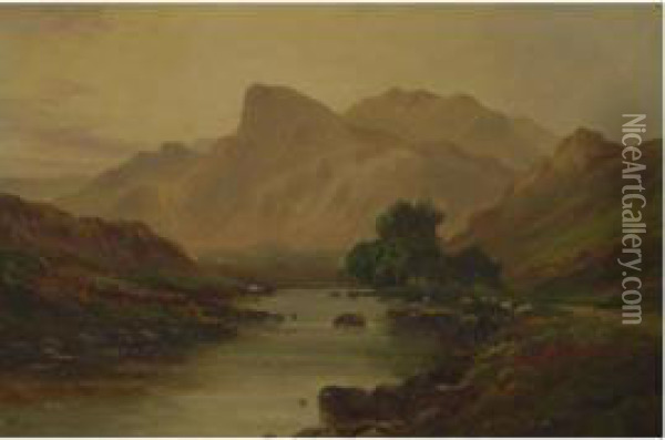 Scene From The Scottish Highlands Featuring Sheep And A River Oil Painting - Jack Ducker