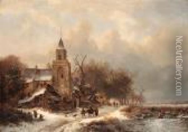 A Frozen Winter Landscape Oil Painting - Frederik Marianus Kruseman