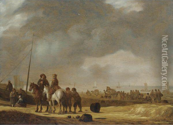 Beach Scene With Two Horsemen Conversing, Fisherfolk Unloading Carts, Sailing Vessels Beyond Oil Painting - Willem Gillisz. Kool