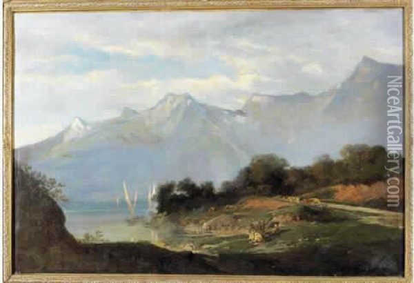 Scene Animee Au Bord Du Lac Leman A Saint Gingolph Oil Painting - Francois Bocion