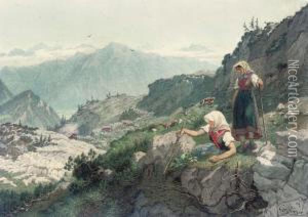 An Alpine Landscape With Two Peasant Girls Seated On Rocks In Theforeground Oil Painting - Carl Von Binzer