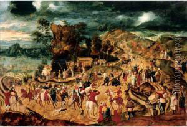 Landscape With The Way To Calvary Oil Painting - Herri met de Bles