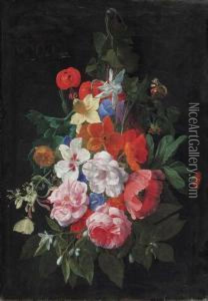 A Swag Of Roses And Other Flowers Hanging From A Nail Oil Painting - Nicolas Van Veerendael