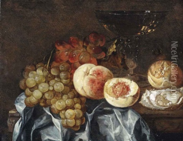 Peaches, Grapes, A Wineglass, An Oyster And A Piece Of Bread, All On A Partially Draped Marble Ledge Oil Painting - Abraham van Beyeren