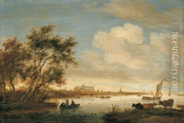 A River Landscape With Cattle And A Rowing Boat In The Foreground, Alkmaar And The Sint Laurenskerk Beyond Oil Painting - Salomon van Ruysdael
