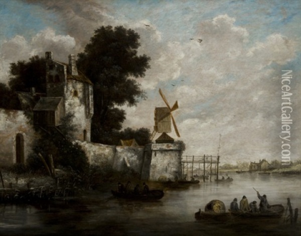 Paesaggio Fluviale Con Mulino, Imbarcazioni E Pescatori (landscape With Windmill, Boats And Fisherman) Oil Painting - Salomon van Ruysdael