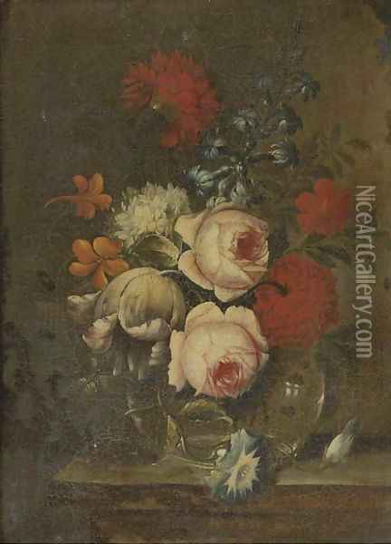 Roses, parrot tulips, narcissi and other flowers in glass vase on a ledge Oil Painting - dei Fiori (Nuzzi) Mario