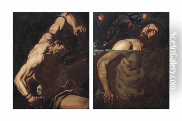 Prometheus; And Tantalus Oil Painting - Gioacchino Assereto