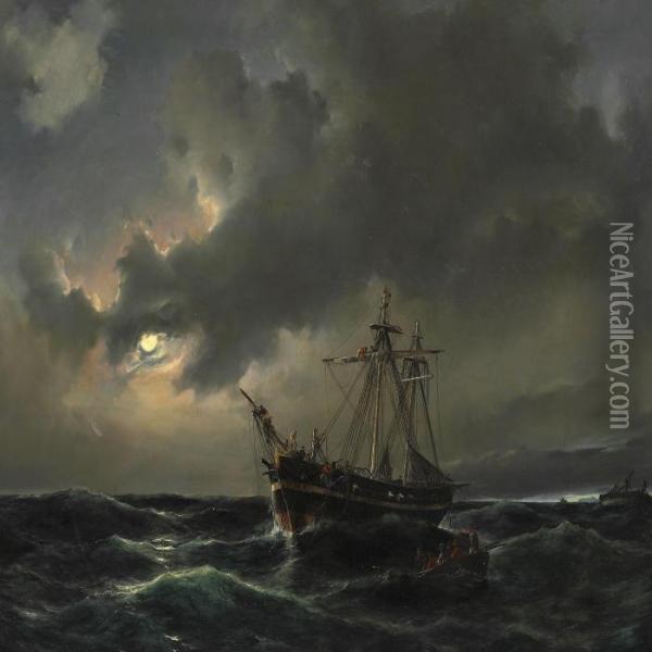 Night Time At Sea With Sailors Being Rescued From A Sinking Ship In Moonlight Oil Painting - Anton Melbye
