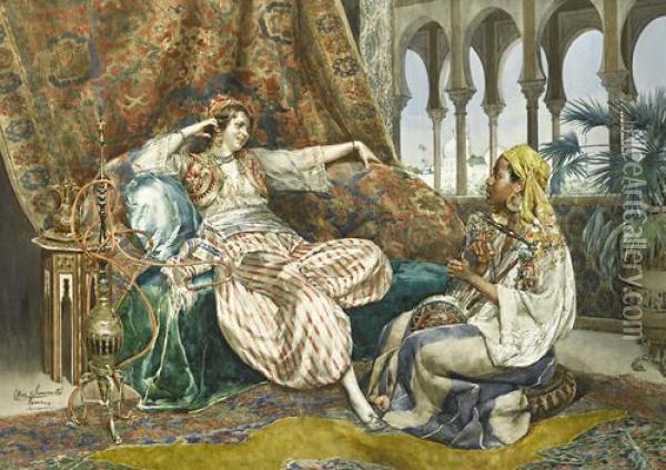 Princesse Orientale Au Narguile Et Musicienne Oil Painting - Ettore Simonetti