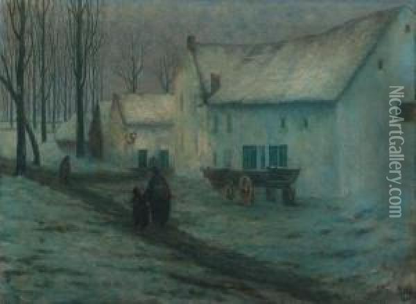 Soir De Neige, Brabant - A Wintery Night In Brabant Oil Painting - William Degouve de Nuncques