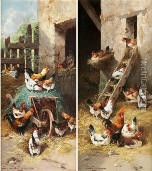 Chickens Oil Painting - Jules Bathieu