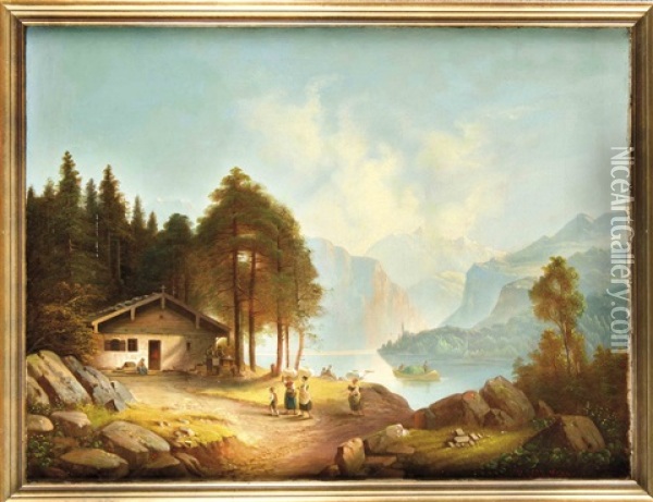 Romantische Alpenlandschaft Mit Hutte Am Bergsee Und Personenstaffage Oil Painting - Anton Doll