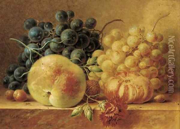 Grapes, a peach, a tomato, a carnation and nuts on a marble ledge Oil Painting - Maria Gertrude Goeje-Barbiers