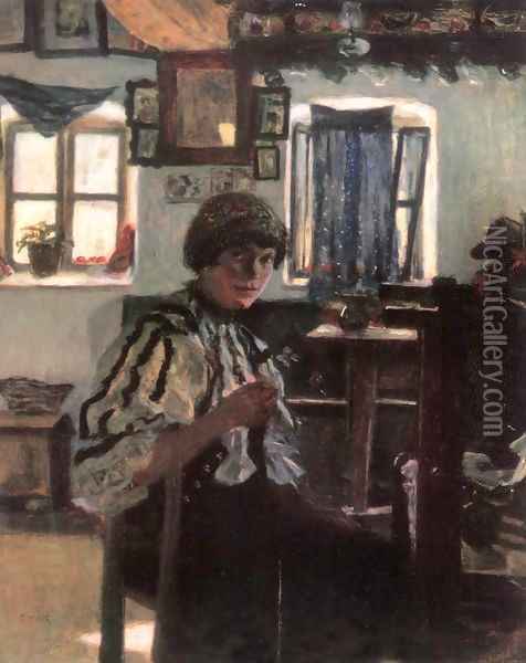Sokatz Woman Embroidering 1905 Oil Painting - Istvan Csok