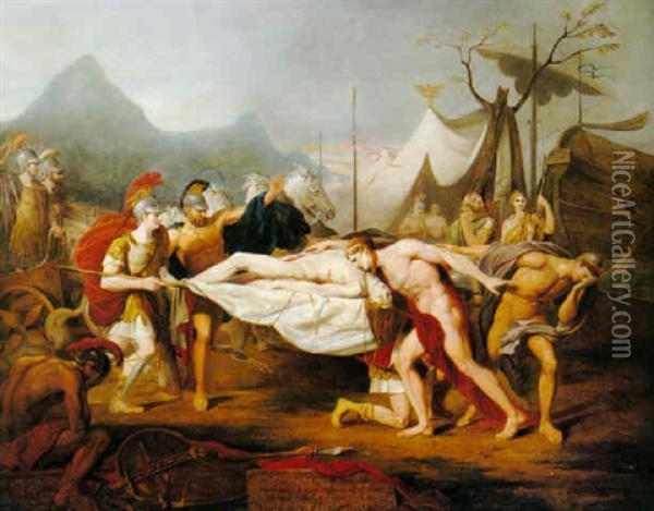 Bearing The Dead Body Of Patroclus To The Camp, Achilles's  Grief 'a Lofty Bier The Breathless Warrior Bears, Ect.'.... Oil Painting - Thomas Douglas Guest