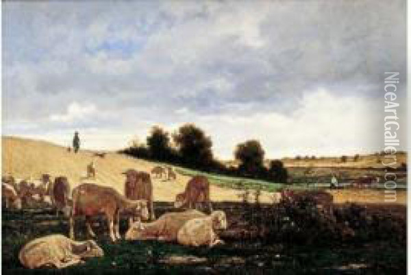 < Berger Et Ses Moutons >. Oil Painting - Emile van Marcke de Lummen