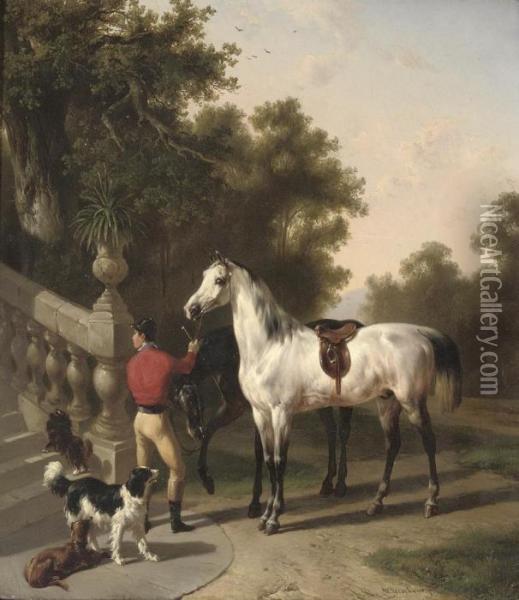 A Jockey Holding Racehorses Oil Painting - Wouterus Verschuur
