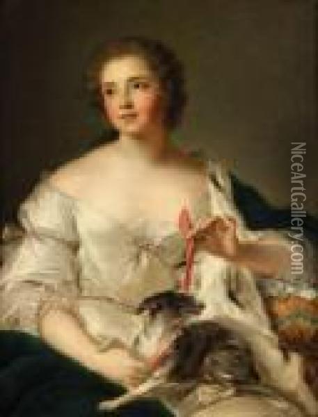 Young Lady Tying A Ribbon Around Her Dog Oil Painting - Jean-Marc Nattier