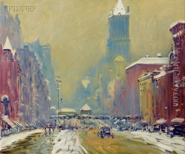 City In Winter, Probably A View Of The Third Avenue El, New York Oil Painting - Arthur Clifton Goodwin