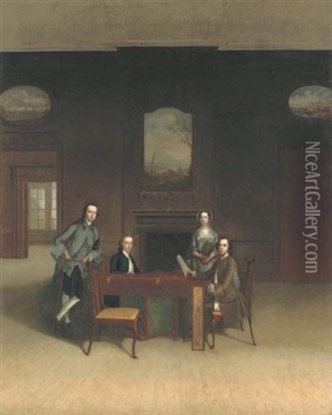Group Portrait Of A Lady And Three Gentlemen Gathered Around A Harpsichord, In An Interior Oil Painting - Arthur Devis