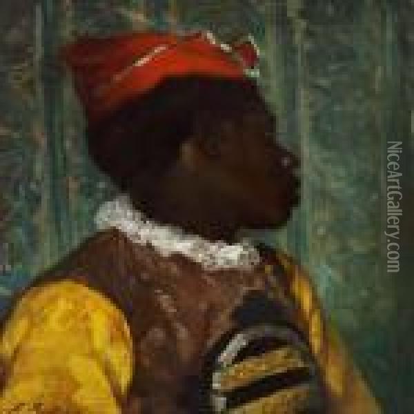 A Young Blackamoor In A Colourful Costume Oil Painting - Ferdinand Victor Leon Roybet