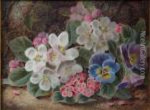 A Spray Of Primroses And Pansies On An Earthy Bank Oil Painting - Oliver Clare