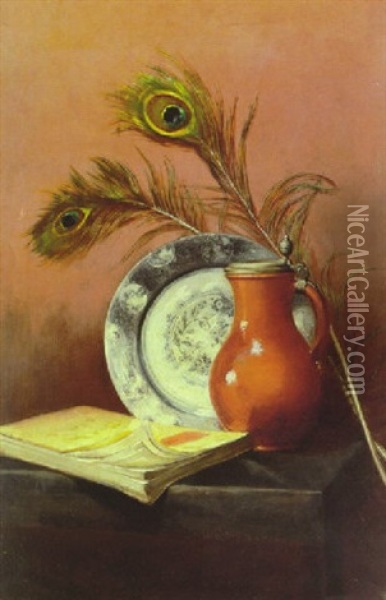 Still Life With Ceramic Plate And Peacock Feathers On A Ledge Oil Painting - Robert Ward Van Boskerck
