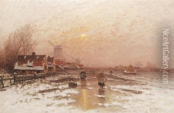Winterabend Vor Einem Hollandischen Dorf Oil Painting - Johann Jungblut