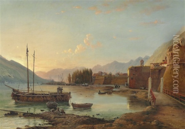 Small Harbour In The Southern Part Of Europe Oil Painting - Ludwig Heinrich Theodor (Louis) Gurlitt