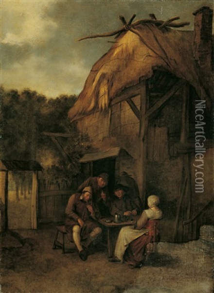 Drei Bauern Und Eine Frau Vor Einem Haus Sitzend Oil Painting - Egbert van Heemskerck the Elder