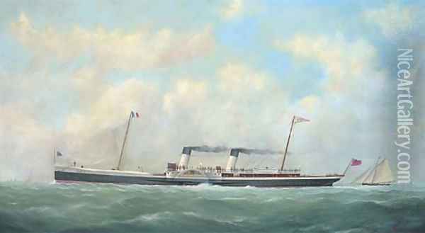 The cross-Channel paddlesteamer Paris (II) outward bound for France with a racing cutter astern of her Oil Painting - George Mears