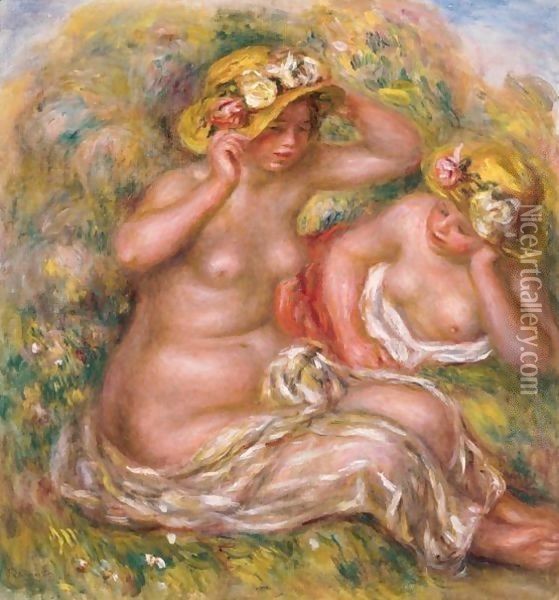 Deux Femmes Avec Des Chapeaux A Fleurs Oil Painting - Pierre Auguste Renoir