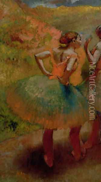 Dancers Wearing Green Skirts, c.1895 Oil Painting - Edgar Degas