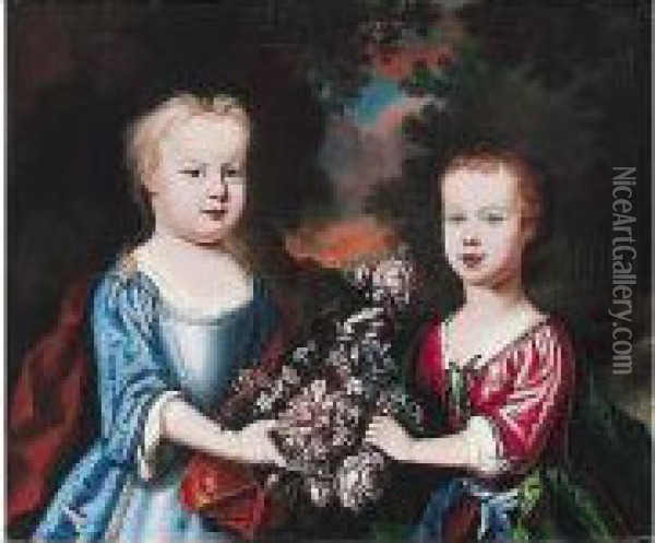 Portrait Of Two Children With Flowers In A Landscape Oil Painting - Robert Byng