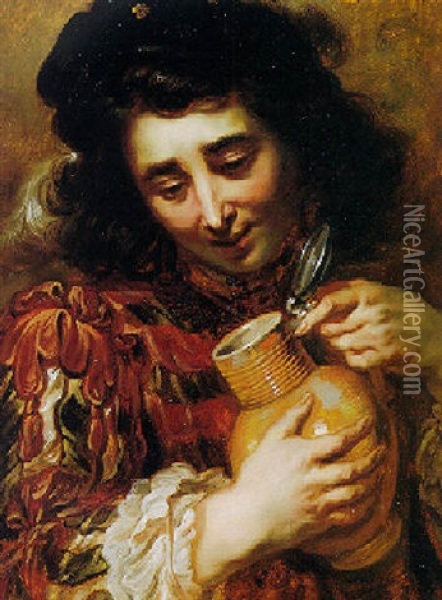 Young Man Holding A Stoneware Tankard Oil Painting - Jan Cossiers