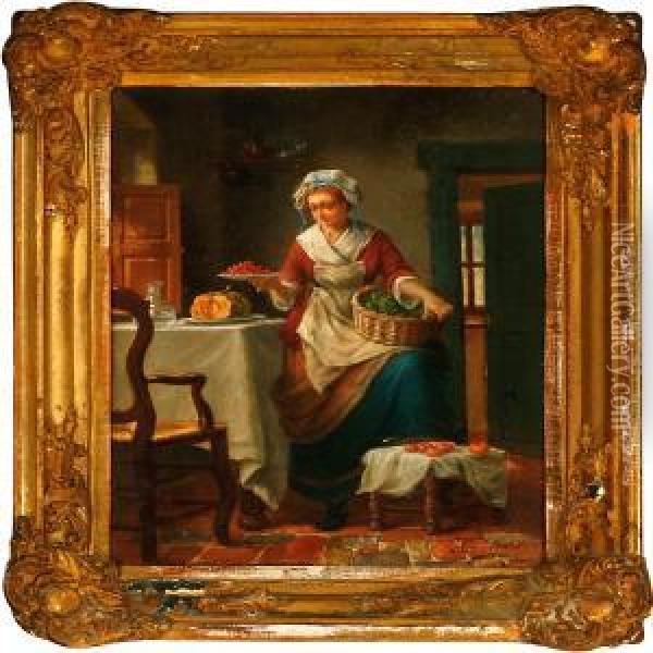 A Servant Girl With Vegetables At The Dining Table Oil Painting - Charles Petit