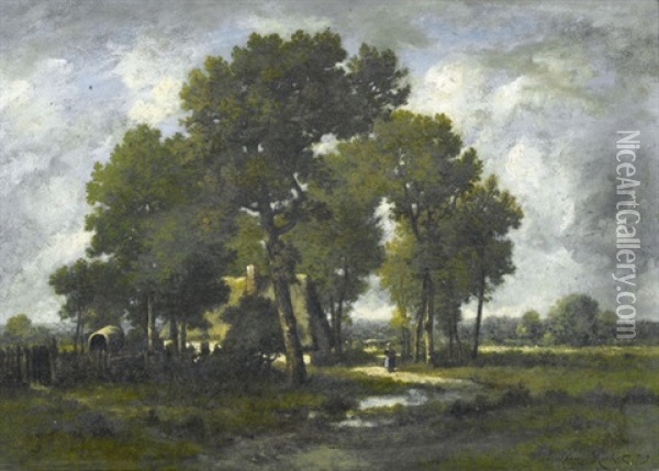 Bauernhaus Mit Baumen In Ebener Landschaft Oil Painting - Leon Richet