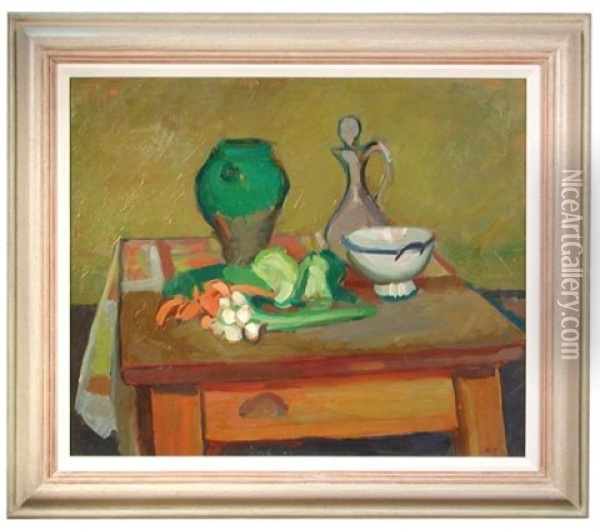 Still Life Of Jugs And Vegetables On A Butcher's Block Oil Painting - Arthur Clifton Goodwin