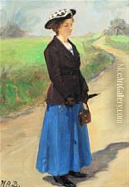 A Spring Day With A Woman On A Gravel Road Oil Painting - Hans Andersen Brendekilde